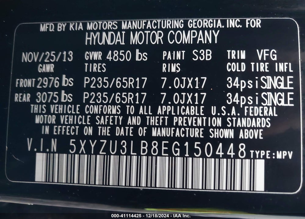 2014 HYUNDAI SANTA FE SPORT 2.4L VIN: 5XYZU3LB8EG150448
