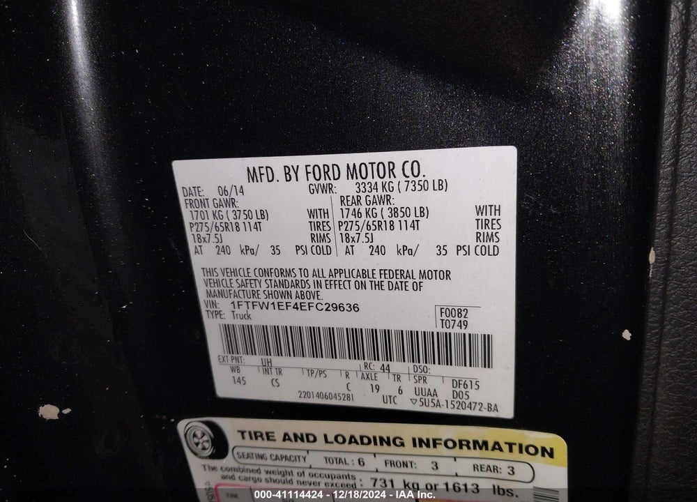 2014 FORD F-150 STX VIN: 1FTFW1EF4EFC29636