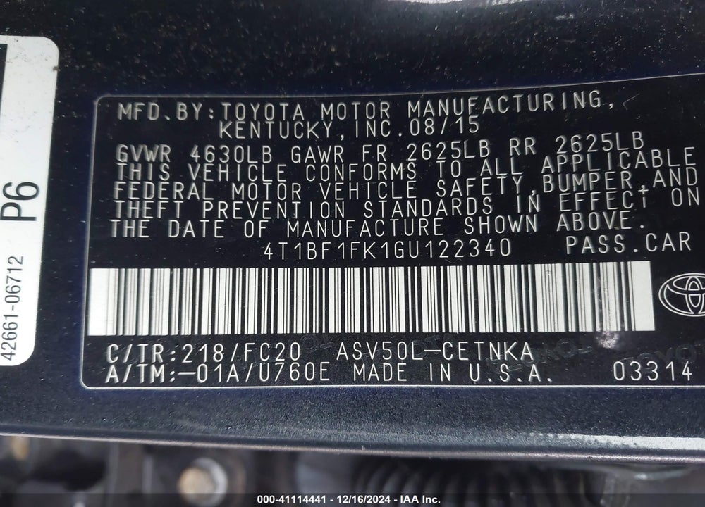2016 TOYOTA CAMRY VIN: 4T1BF1FK1GU122340