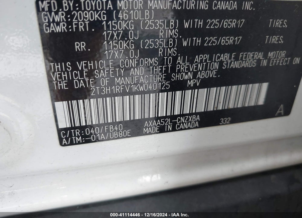 2019 TOYOTA RAV4 LE VIN: 2T3H1RFV1KW040125