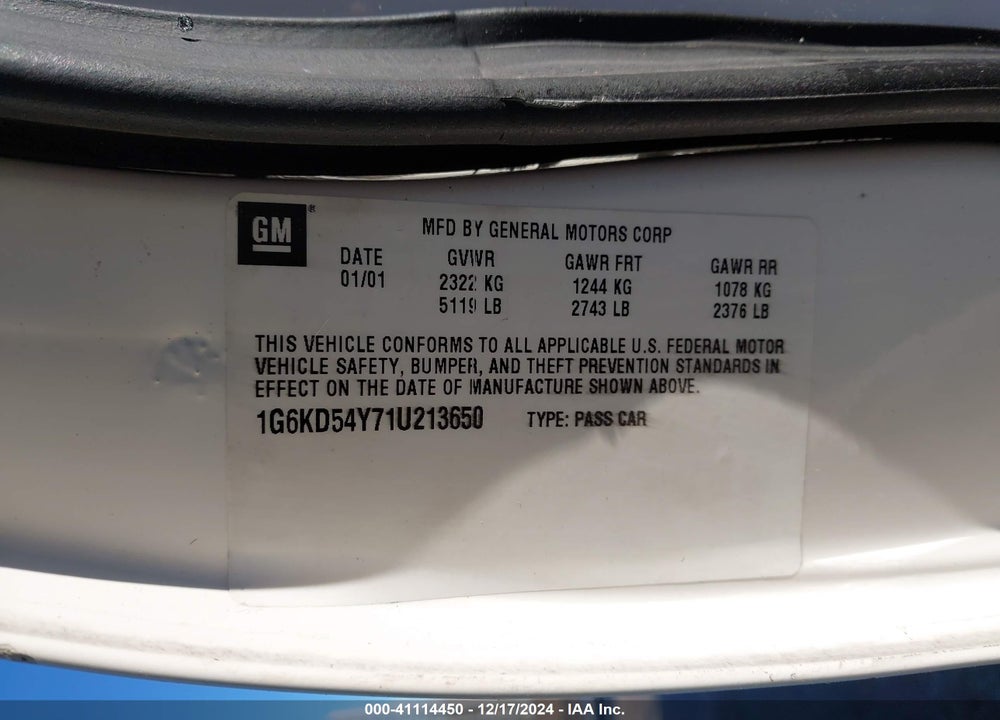 2001 CADILLAC DEVILLE STANDARD VIN: 1G6KD54Y71U213650