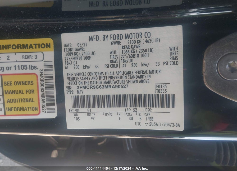 2021 FORD BRONCO SPORT OUTER BANKS VIN: 3FMCR9C63MRA90527