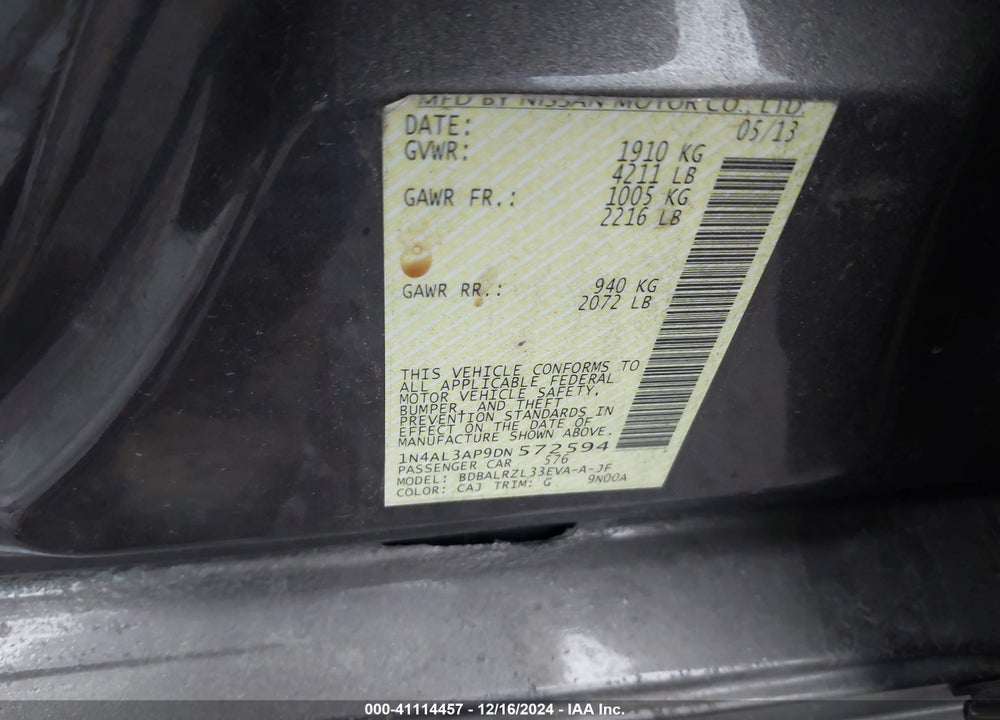2013 NISSAN ALTIMA 2.5 S VIN: 1N4AL3AP9DN572594