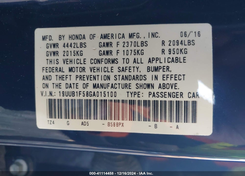 2016 ACURA TLX TECH VIN: 19UUB1F58GA015100