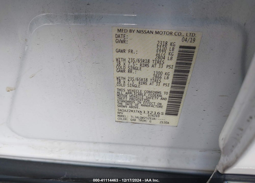2019 NISSAN MURANO SV VIN: 5N1AZ2MJ7KN132165