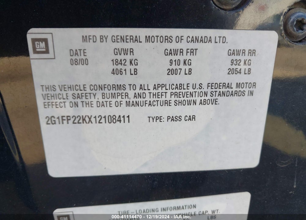 2001 CHEVROLET CAMARO VIN: 2G1FP22KX12108411