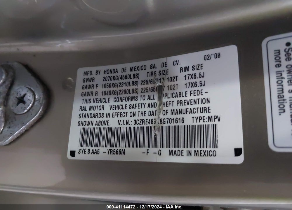 2008 HONDA CR-V EX VIN: 3CZRE48518G701616