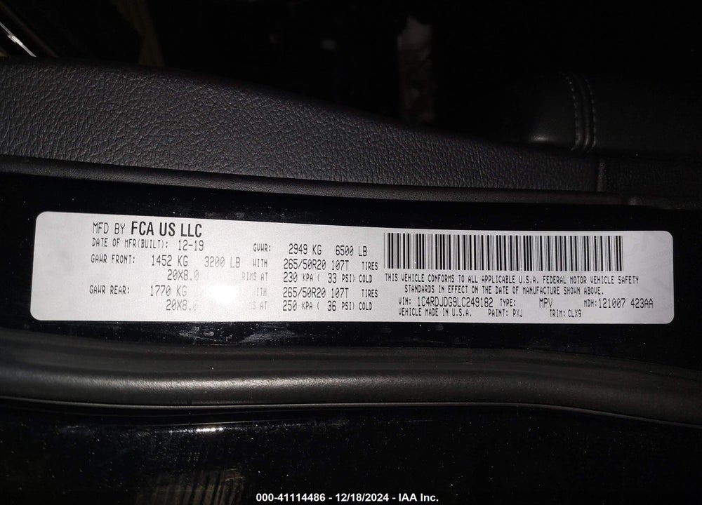 2020 DODGE DURANGO GT PLUS AWD VIN: 1C4RDJDG9LC249182