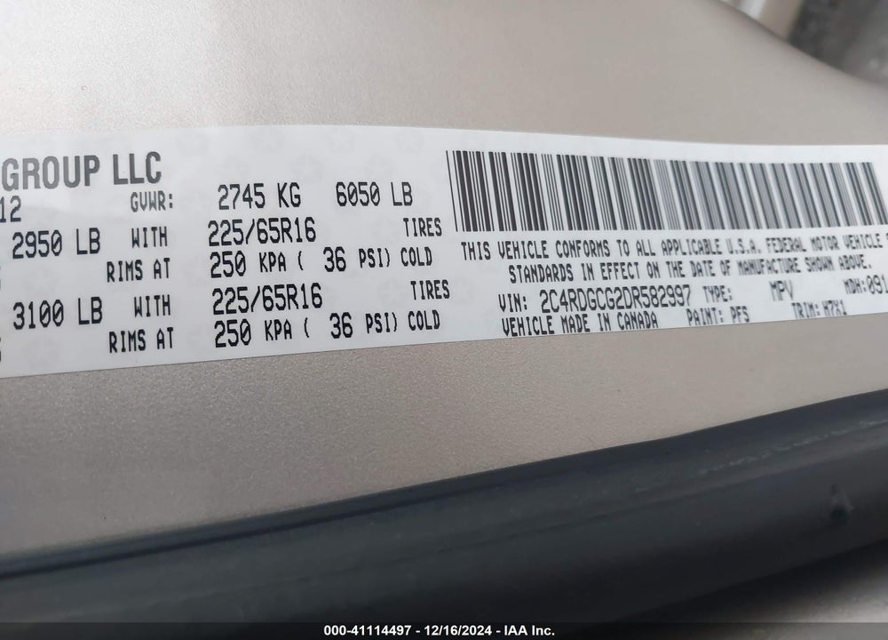 2013 DODGE GRAND CARAVAN SXT VIN: 2C4RDGCG2DR582997