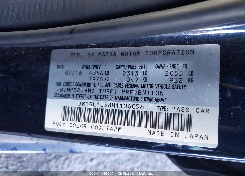 2017 MAZDA 6 SPORT VIN: JM1GL1U58H1106056