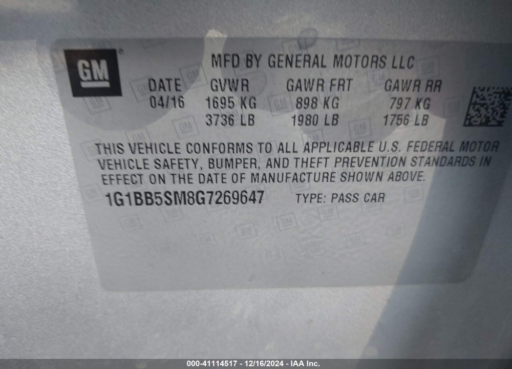 2016 CHEVROLET CRUZE VIN: 1G1BB5SM8G7269647