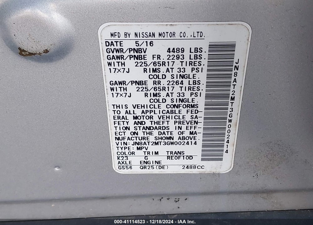 2016 NISSAN ROGUE S VIN: JN8AT2MT3GW002414