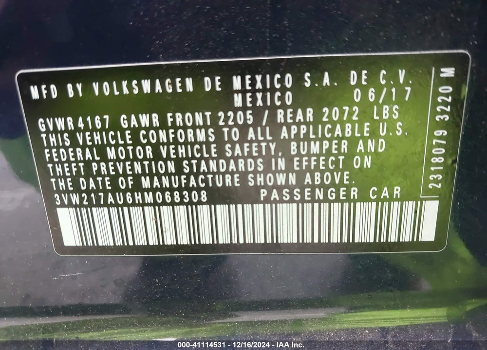 2017 VOLKSWAGEN GOLF TSI S 4-DOOR/TSI SE 4-DOOR/TSI SEL 4-DOOR/TSI WOLFSBURG EDITION 4-DOOR VIN: 3VW217AU6HM068308