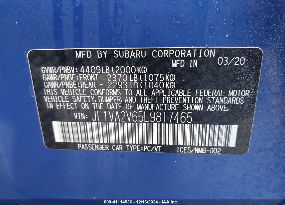 2020 SUBARU WRX STI LIMITED VIN: JF1VA2V65L9817465