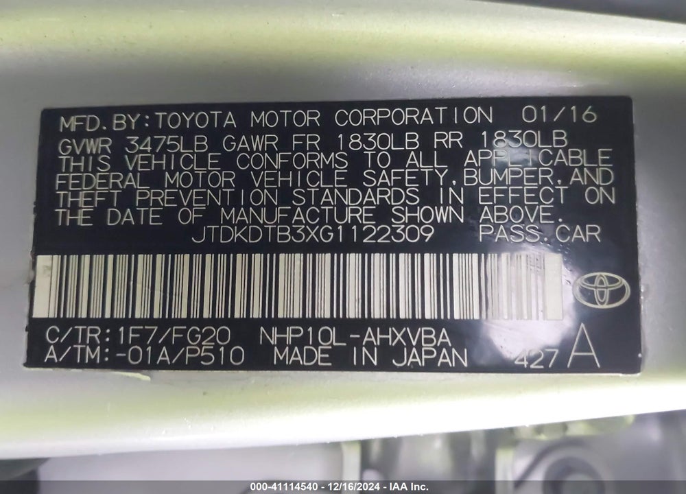 2016 TOYOTA PRIUS C TWO VIN: JTDKDTB3XG1122309