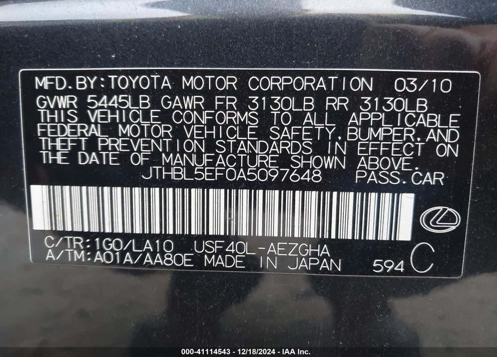 2010 LEXUS LS 460 VIN: JTHBL5EF0A5097648