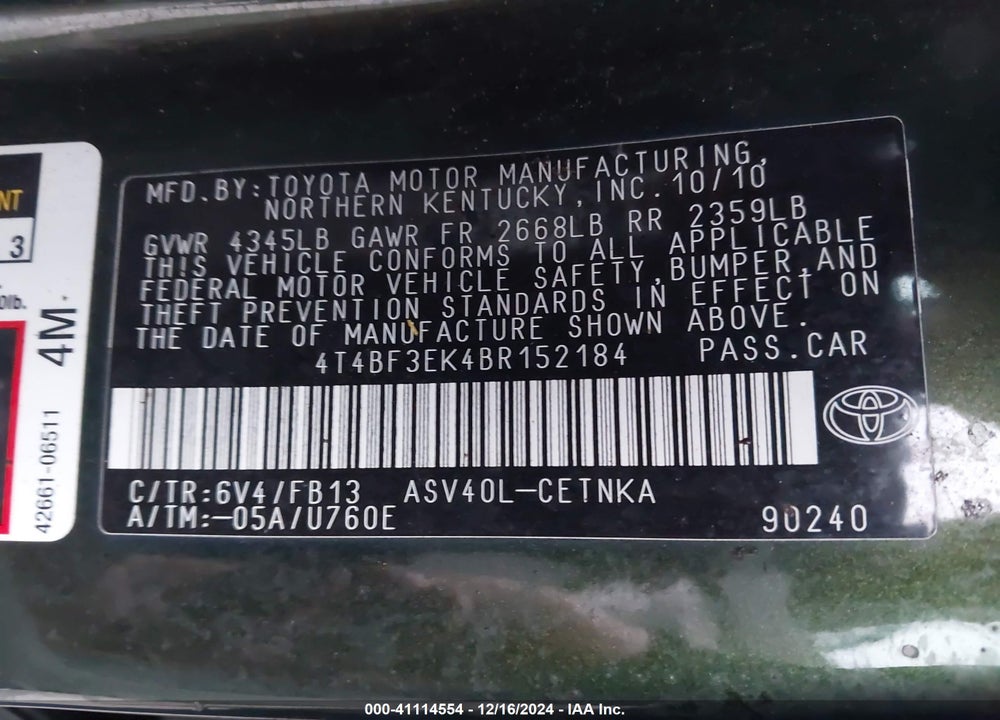 2011 TOYOTA CAMRY LE VIN: 4T4BF3EK4BR152184