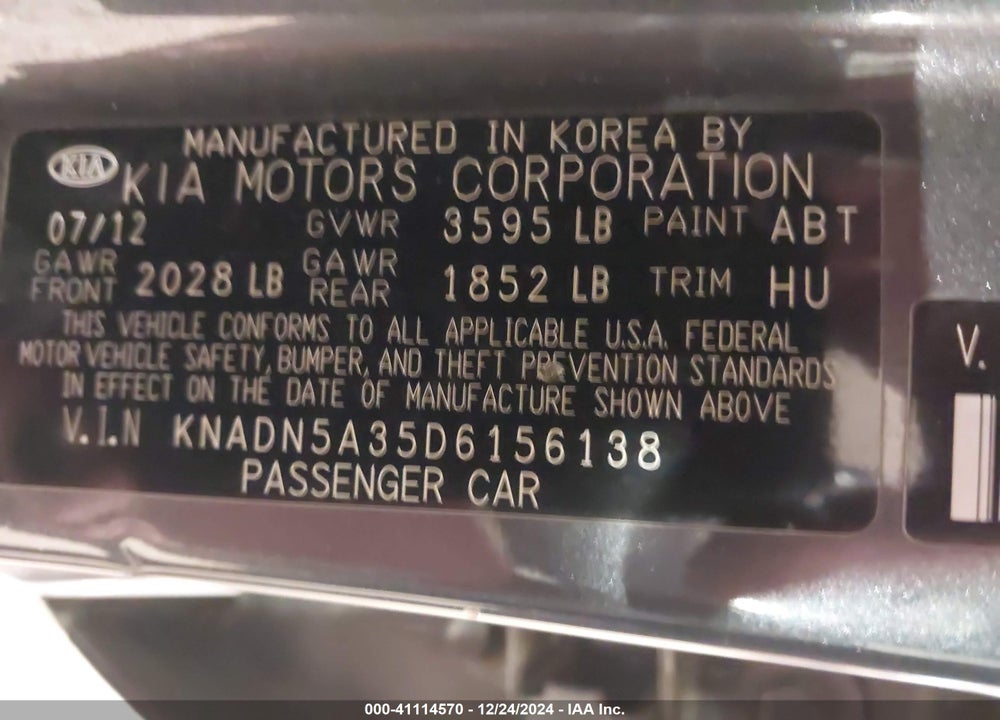 2013 KIA RIO VIN: KNADN5A35D6156138