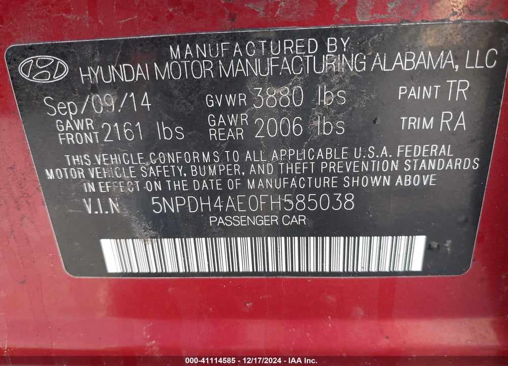 2015 HYUNDAI ELANTRA SE VIN: 5NPDH4AE0FH585038