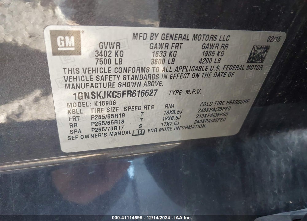 2015 CHEVROLET SUBURBAN 1500 LT VIN: 1GNSKJKC5FR616627