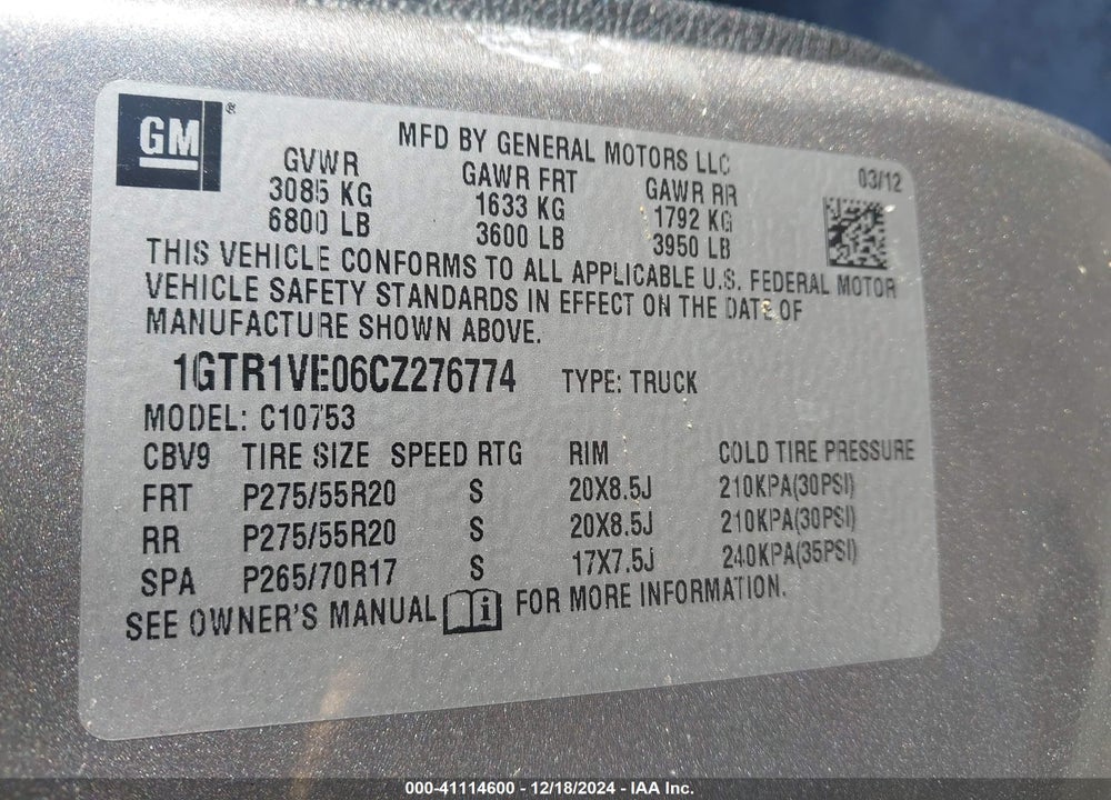 2012 GMC SIERRA 1500 VIN: 1GTR1VE06CZ276774