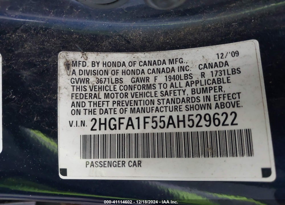 2010 HONDA CIVIC LX VIN: 2HGFA1F55AH529622