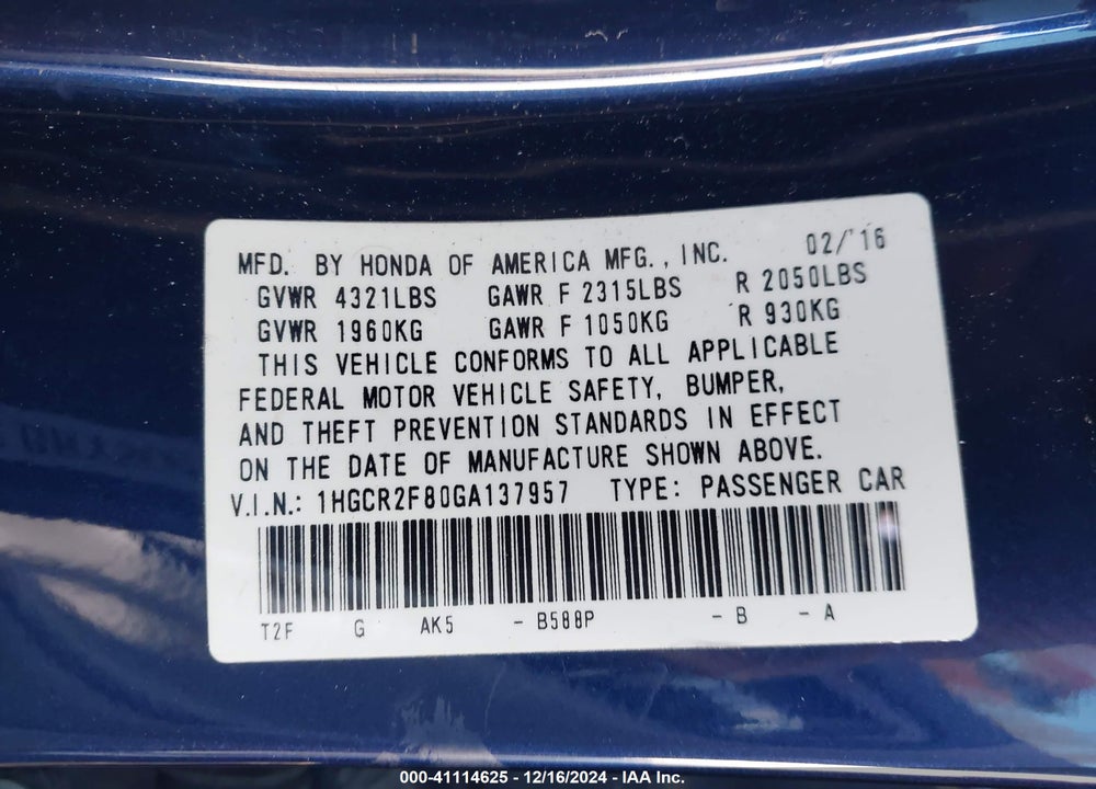 2016 HONDA ACCORD EX-L VIN: 1HGCR2F80GA137957