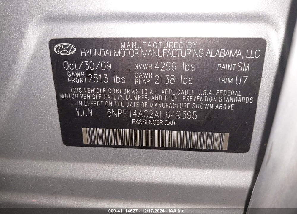 2010 HYUNDAI SONATA GLS VIN: 5NPET4AC2AH649395