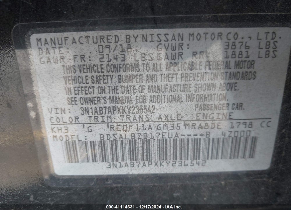2019 NISSAN SENTRA S VIN: 3N1AB7APXKY236542