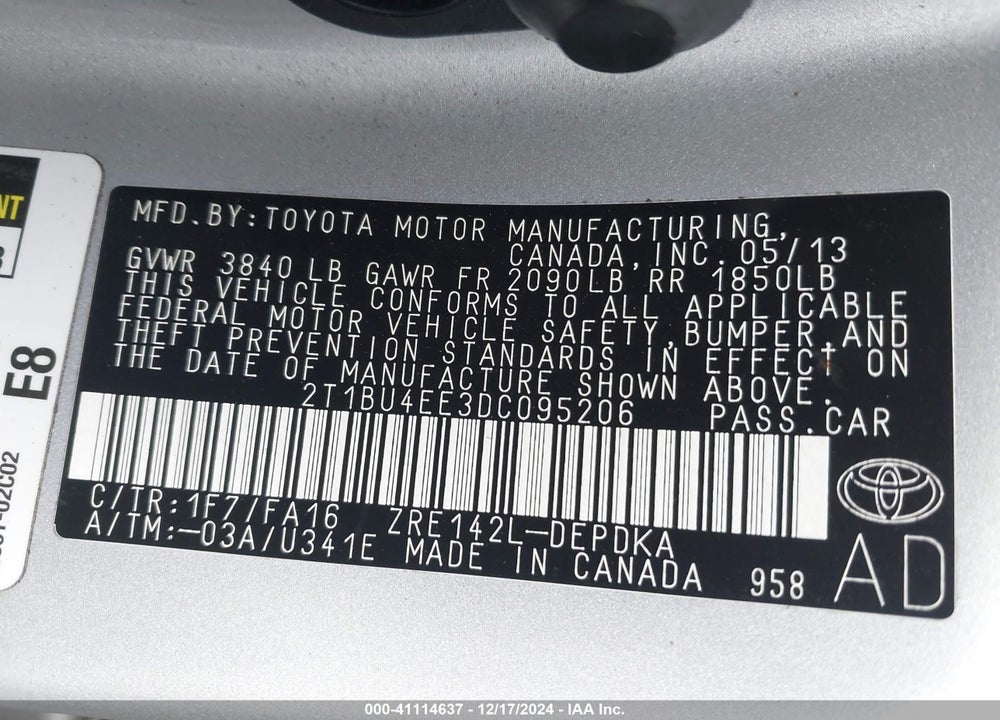 2013 TOYOTA COROLLA L VIN: 2T1BU4EE3DC095206