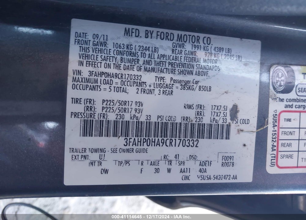 2012 FORD FUSION SE VIN: 3FAHP0HA9CR170332