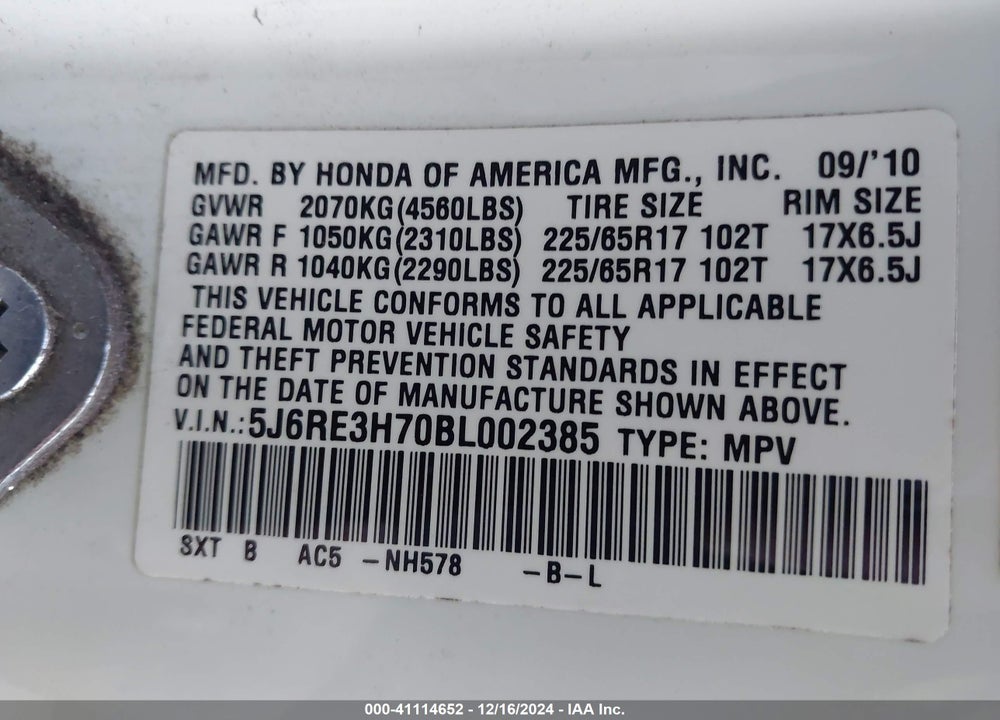 2011 HONDA CR-V EX-L VIN: 5J6RE3H70BL002385