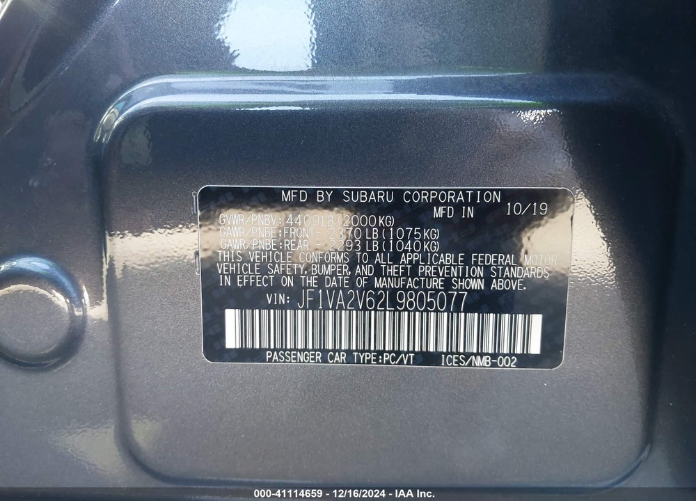 2020 SUBARU WRX STI LIMITED VIN: JF1VA2V62L9805077