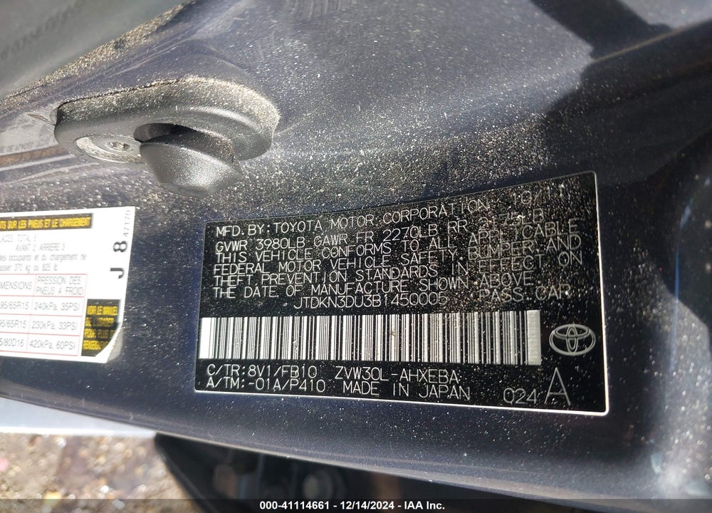 2011 TOYOTA PRIUS VIN: JTDKN3DU3B1450005