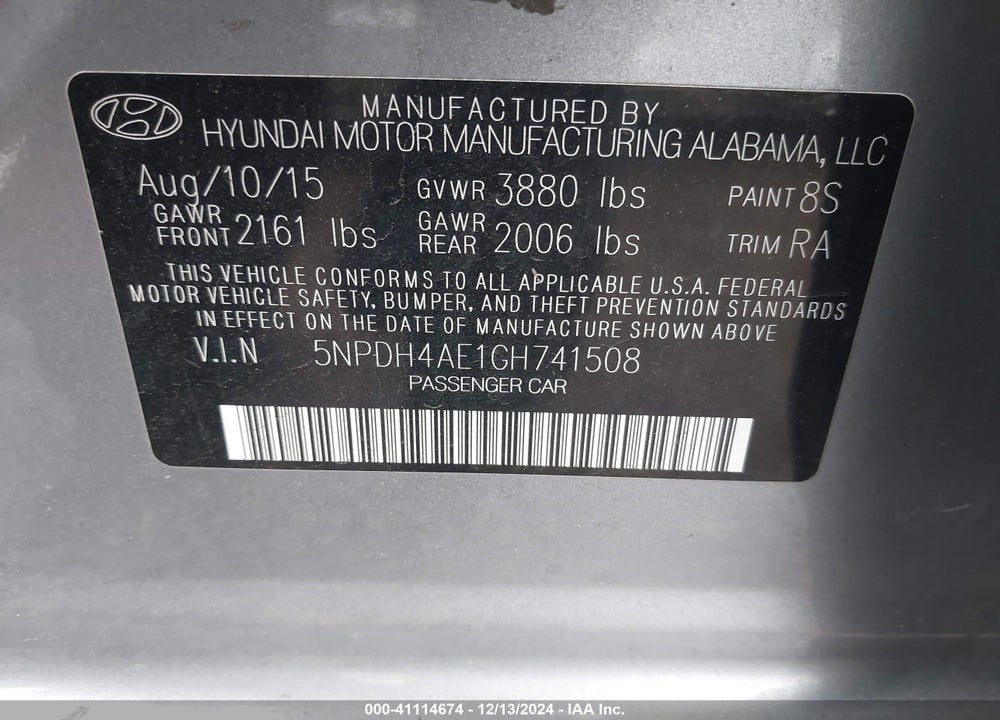 2016 HYUNDAI ELANTRA SE VIN: 5NPDH4AE1GH741508