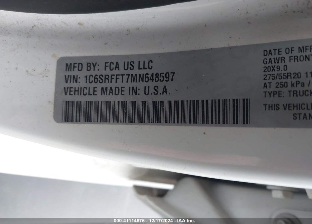 2021 RAM 1500 VIN: 1C6SRFFT7MN648597
