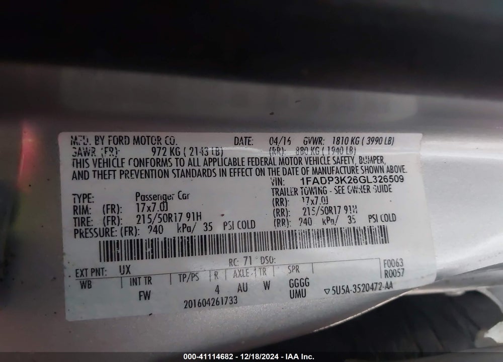 2016 FORD FOCUS VIN: 1FADP3K26GL326509