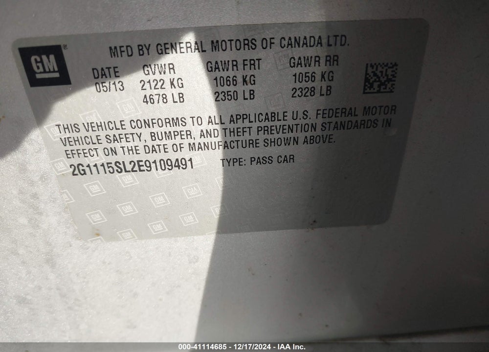 2014 CHEVROLET IMPALA 1LT VIN: 2G1115SL2E9109491