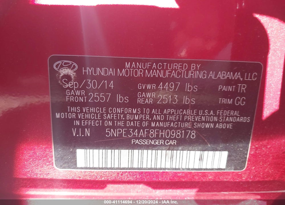 2015 HYUNDAI SONATA SPORT VIN: 5NPE34AF8FH098178