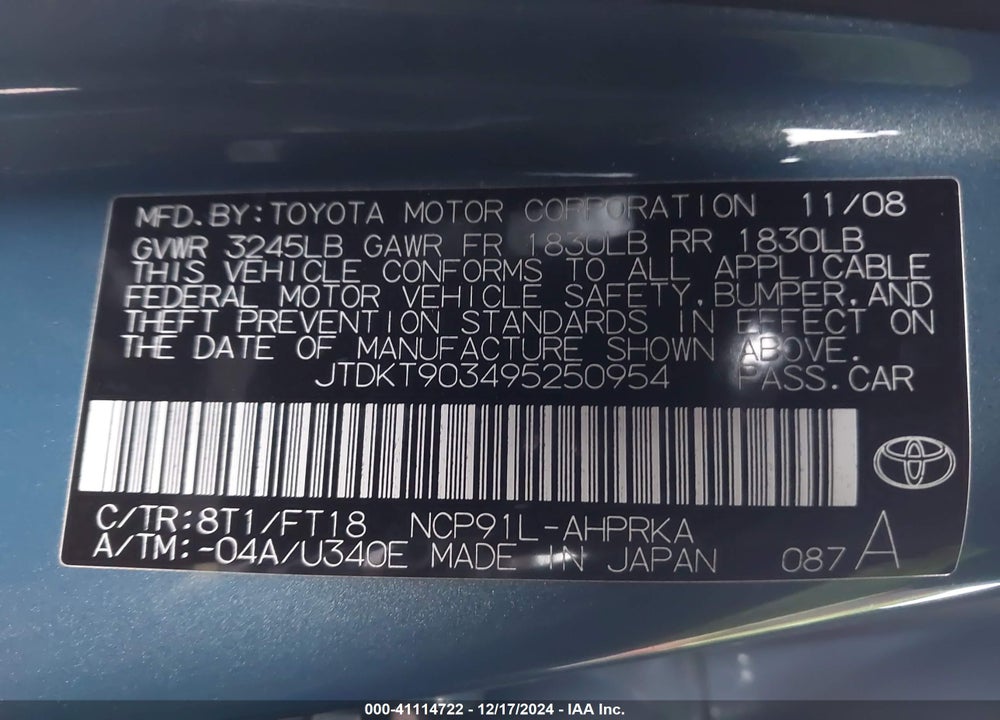 2009 TOYOTA YARIS S VIN: JTDKT903495250954