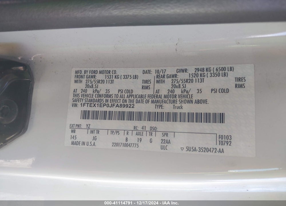 2018 FORD F-150 XL VIN: 1FTEX1EP0JFA89922