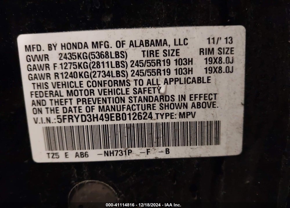 2014 ACURA MDX TECHNOLOGY PACKAGE VIN: 5FRYD3H49EB012624