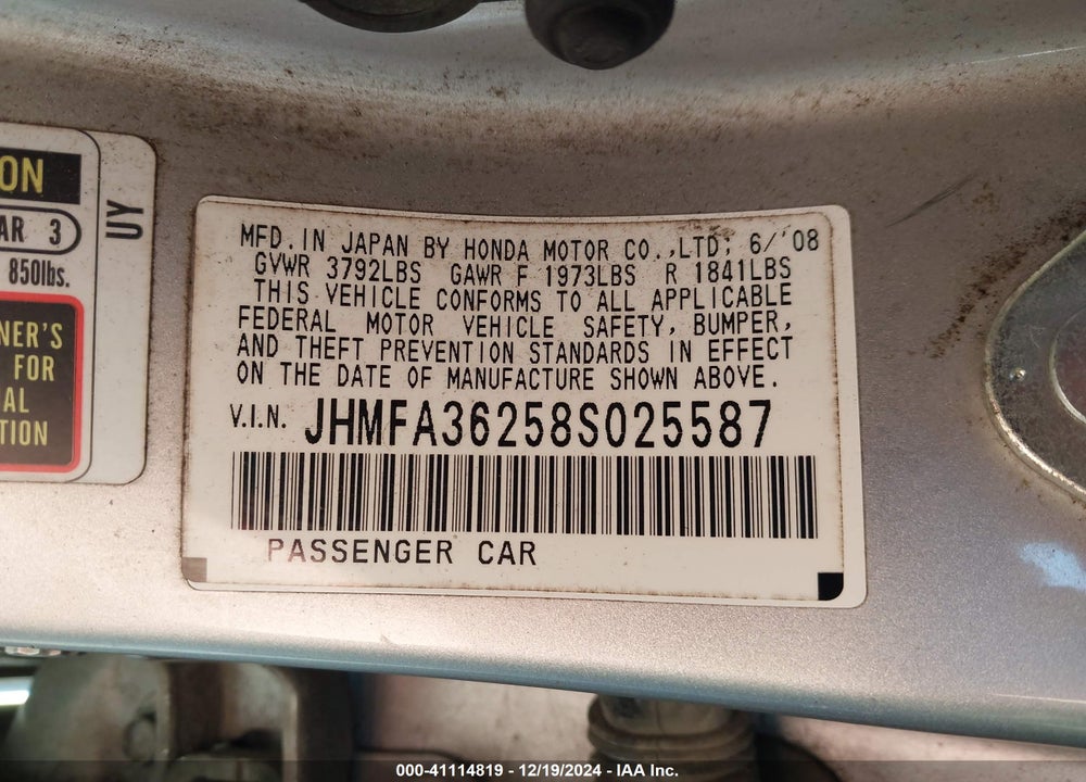 2008 HONDA CIVIC HYBRID VIN: JHMFA36258S025587