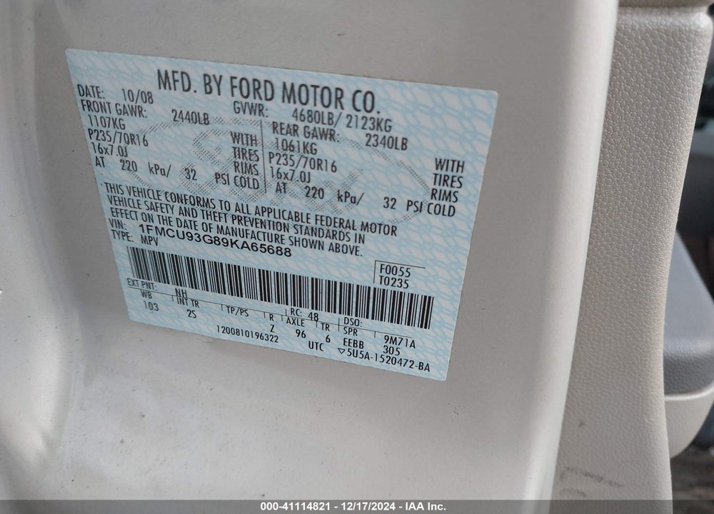 2009 FORD ESCAPE XLT VIN: 1FMCU93G89KA65688