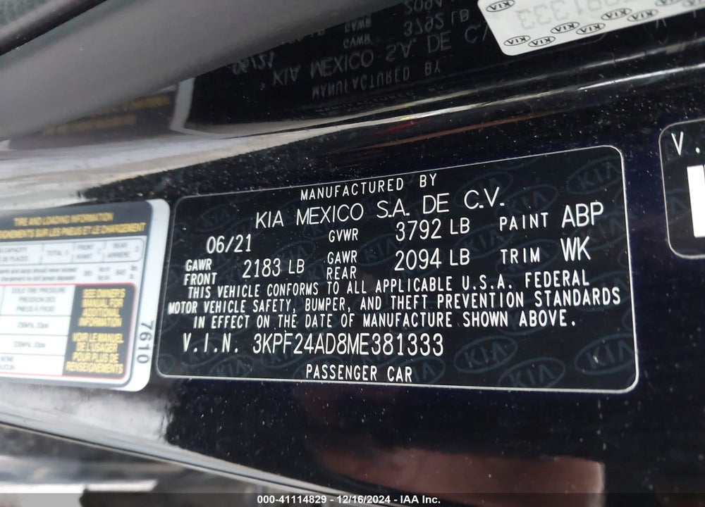2021 KIA FORTE VIN: 3KPF24AD8ME381333