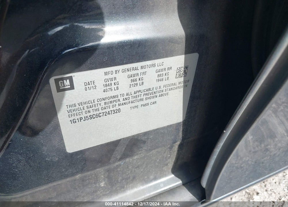 2012 CHEVROLET CRUZE ECO VIN: 1G1PJ5SC6C7247320