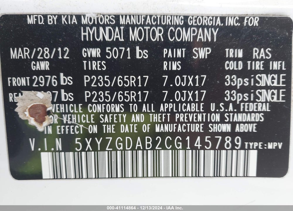 2012 HYUNDAI SANTA FE GLS VIN: 5XYZGDAB2CG145789