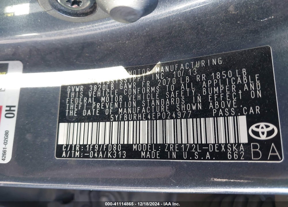 2014 TOYOTA COROLLA VIN: 5YFBURHE4EP024977