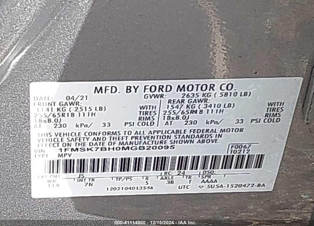 2021 FORD EXPLORER VIN: 1FMSK7BH0MGB20095