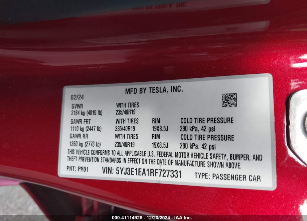 2024 TESLA MODEL 3 VIN: 5YJ3E1EA1RF727331